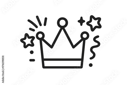 Crown icon vector graphic. Party symbol in a linear doodle style. Royal king or queen headwear for celebration. Winner and first place concept with shining stars.