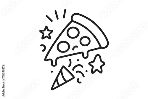 Pizza party icon vector illustration. Slice of pizza with party popper and confetti. Fast food celebration symbol for birthday, event. Simple line art doodle drawing.