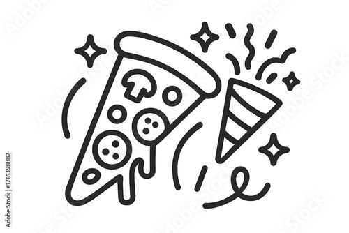 Pizza party linear icon. Slice of pepperoni pizza with melting cheese and a party popper with confetti. Fast food symbol for celebration, birthday, or event. Vector doodle illustration.