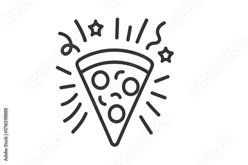 Sad pizza slice character at a party. Unhappy food mascot icon. Metaphor for loneliness, social anxiety, depression, bad mood. Introvert concept. Vector linear style.