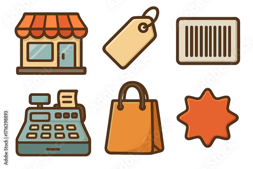 Cartoon shopping vector icon collection. Storefront, price label, barcode, cash register, and bag icons. For commercial use, retail business, e-commerce, sales promotion.