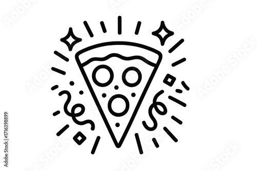 Pizza slice party icon. Fast food celebration concept. Vector linear illustration for pizzeria menu or logo. Simple outline cartoon graphic of a pepperoni slice with confetti.