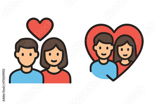 Love and relationship icon set. Couple with heart symbol. Vector illustration for Valentine's day. Romance, friendship, and partnership concept. Man and woman together.