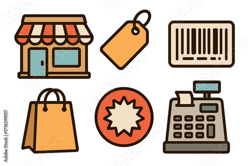 Retail shopping vector icon set. Storefront, price tag, barcode, cash register, and shopping bag cartoon illustration. E-commerce, sale, and consumerism concept graphics.