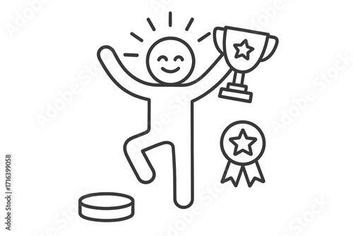 Success concept. Winner celebration with trophy. Achievement and victory line icon. Stick figure holding award. Champion prize. Goal achievement. First place prize and medal.