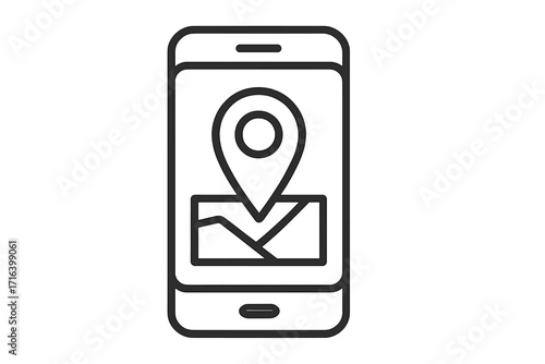 Mobile phone navigation with map and pin icon. Smartphone GPS location tracking. Vector for finding address, destination search, route, city guide app, and geotagging.
