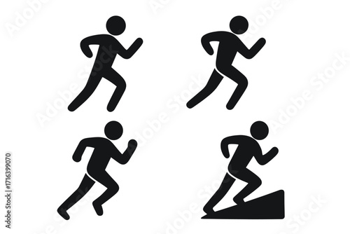 Runner icon silhouette set. People running, jogging, training. Vector symbol for sport, fitness, athletics, workout, exercise. Man sprinting, running uphill, cardio.
