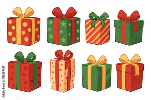 Set of cartoon Christmas gifts. Collection of festive holiday present boxes with bows. Vector illustration of wrapped packages for celebration design. Isolated surprise boxes.