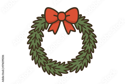 Christmas wreath with red bow. Flat vector icon. Cartoon illustration of festive holiday decoration. Winter pine hoop for seasonal celebration design element on white background.