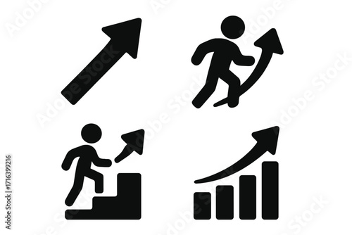 Growth icon set for business success and career development. Man climbing stairs and running up arrow. Progress chart symbol. Vector silhouette illustration for personal improvement.