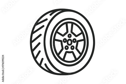 Car wheel line icon. Automobile tire with rim symbol. Vector outline illustration for auto service, repair shop, or garage. Transport and vehicle maintenance graphic element.