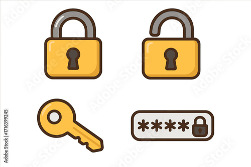 Security icon set cartoon vector. Lock, unlock, key, password symbols for digital privacy. Cybersecurity, data protection, authentication, login access concept. Closed and open padlock.