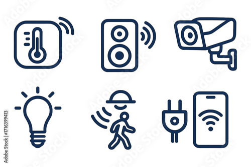 Vector icon set for smart home technology and automation system. Simple line art symbols for thermostat, speaker, security camera, light, motion sensor, and remote app control.
