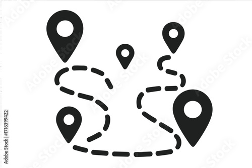 Location route icon with multiple map pins showing a journey or delivery path. Vector silhouette illustration of a GPS navigation map with waypoints and destination points.