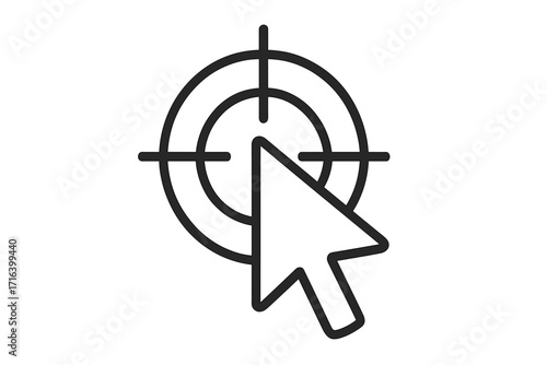 Click on target icon. Cursor aim to goal. Vector illustration for business marketing strategy. Precision, focus and objective concept. Digital success sign. Web pointer.