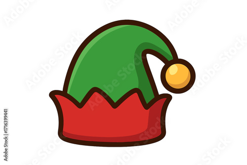 Elf hat icon for Christmas decoration. Santa's little helper costume cap. Xmas holiday accessory. Cute cartoon vector illustration. Green and red jester or gnome hat.