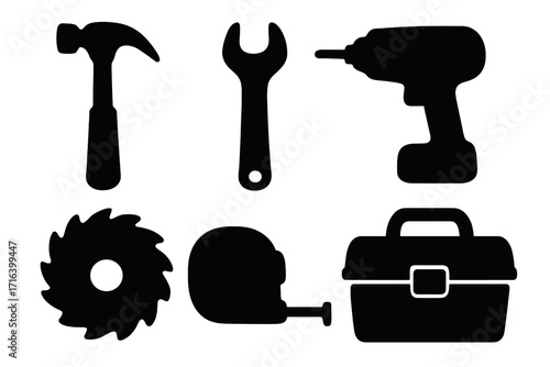 Vector tool silhouettes set including hammer, wrench, drill, saw blade, tape measure, and toolbox icons, black solid shapes, construction and repair equipment collection, transparent background