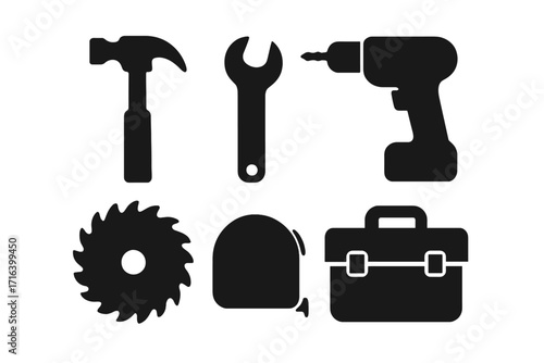 Set of black tool silhouettes including hammer, wrench, drill, saw blade, tape measure, and toolbox icons, vector cartoon illustration with transparent background, ordered collection
