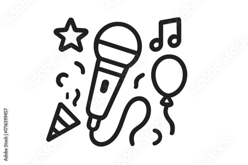 Karaoke party night line icon with microphone, music note, balloon and confetti. Celebration, performance and entertainment concept. Sound, voice and concert sign vector.