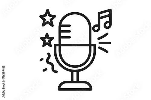 Microphone icon for karaoke party or stand up comedy show. Music concert or podcast audio recording symbol. Voice broadcast or live performance mic line art vector illustration.