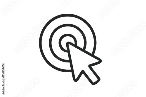 Cursor arrow on a target. Click icon concept. Metaphor for business goal, marketing strategy, achievement, and focus. Pointer on a bullseye symbol for success and objective.