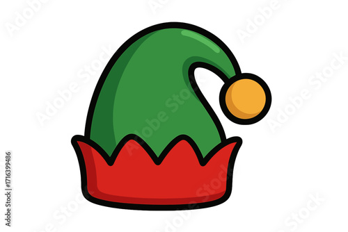 Elf hat vector icon for Christmas. Festive holiday cartoon illustration of a green and red gnome cap. Santa's little helper costume accessory. Winter season decoration.
