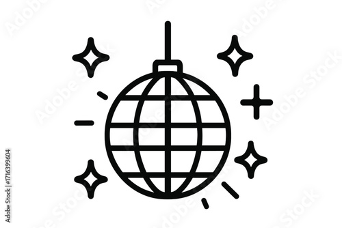 Vector disco ball icon. Symbol for party, dance, celebration & nightlife. Retro 70s glitter ball for club music event. Minimalist outline graphic element for design.