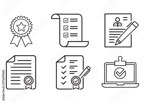 Vector illustration depicting document icons for certificate application checklist and online verification emphasizing achievement compliance and digital paperwork