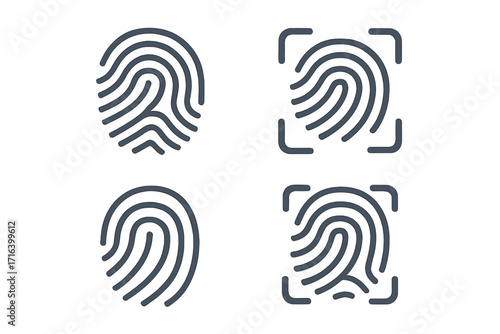 Fingerprint icon set. Biometric identification symbol for security and access. Vector illustration for digital authentication, personal identity verification and cyber safety.
