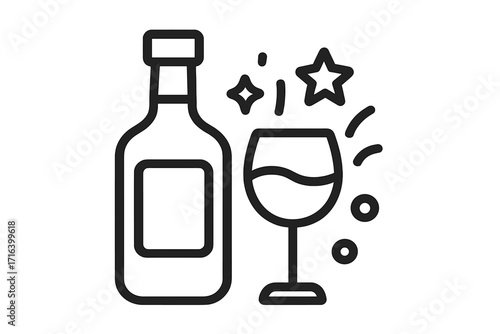 Festive wine bottle and glass icon for party and celebration. Alcohol beverage symbol for special event, anniversary, birthday, or holiday toast. Simple line art vector design.