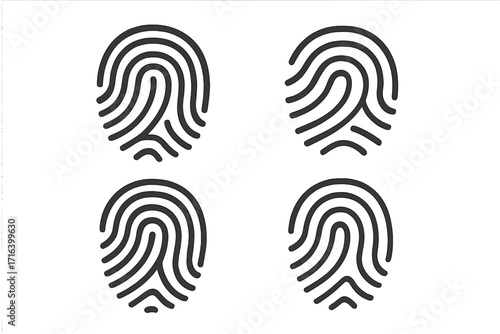 Fingerprint icon set vector illustration. Biometric identity symbol for security, authentication, and access. Digital scanning technology concept. Unique personal identification.