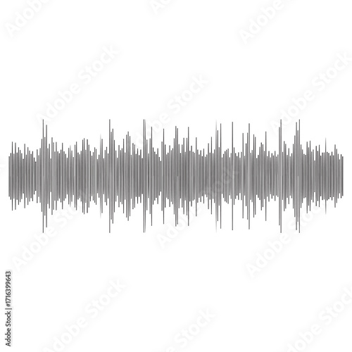 Abstract black and white sound wave graphic representing audio signals and digital music waveforms on a white background