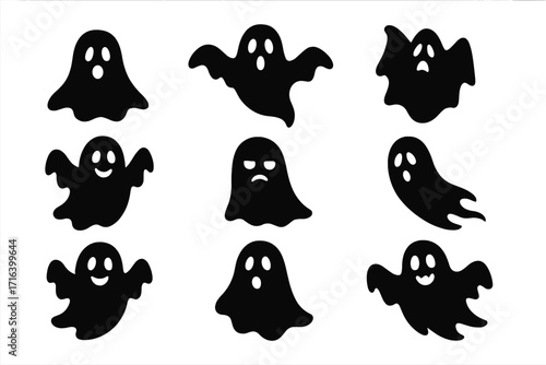 Ghost icon set for Halloween. Spooky and cute monster silhouettes. Vector cartoon illustration of phantoms with different emotions like happy, sad and scary. Spirit collection.