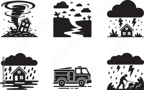 Disaster icons show tornado, flood, storm, and rescue efforts