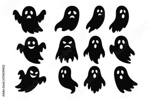 Ghost icon set for Halloween. Spooky monster silhouette collection. Cute and scary cartoon phantom characters with different emotions. Vector illustration for design elements.