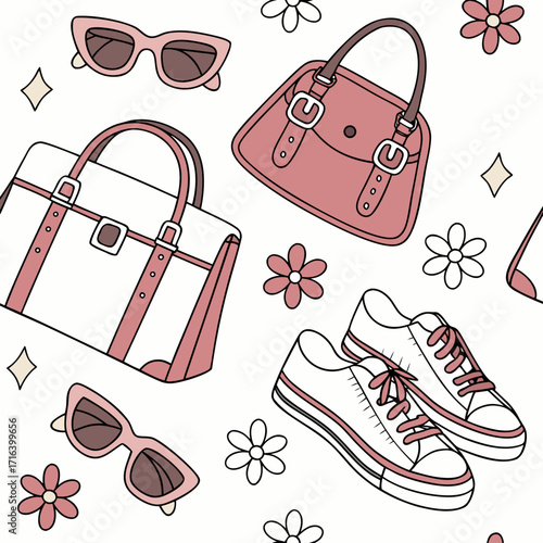 Chic fashion pattern vector illustration of handbags sunglasses and shoes seamless repeat