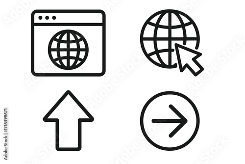 Go to web icon set. Browser, globe, and arrow symbols for internet navigation. Website, click, upload, and next buttons. UI UX design elements. Line vector illustration.