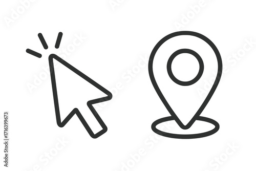 Click cursor icon and map location pin set. Vector line art for navigation, destination, and address. Simple pointer and marker symbol for web, UI, and GPS applications.