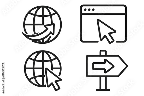 Go to web icon set vector illustration. Internet website click pointer and globe symbol collection. Browser window, arrow signpost, and mouse cursor for www navigation link.