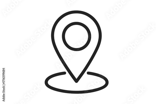 Location pin icon. Map pointer symbol for position and destination. Simple linear outline sign for GPS navigation, place, and address. Minimal vector graphic for travel.