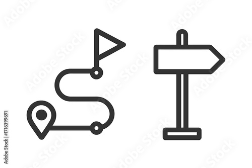 Vector line icon set with map location route and signpost. GPS navigation path from start to finish. Destination pointer pin, waypoint, and direction arrow sign.