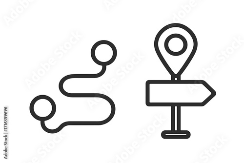 Location pin icon and route path from A to B. Set of linear vector icons for navigation and travel concepts. Pointer, signpost, destination, and journey illustration. Simple map elements.