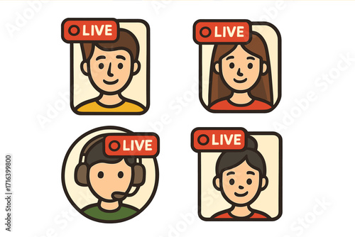 Live stream user icon set. Cartoon vector avatars for social media profile picture frames. Online broadcasting, blogging, and gaming concept with male and female characters.