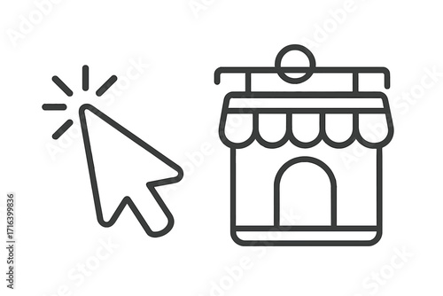 Online shopping concept with click cursor pointer and store icon. E-commerce, webshop, digital marketplace, buy now symbol. Vector line art business illustration.