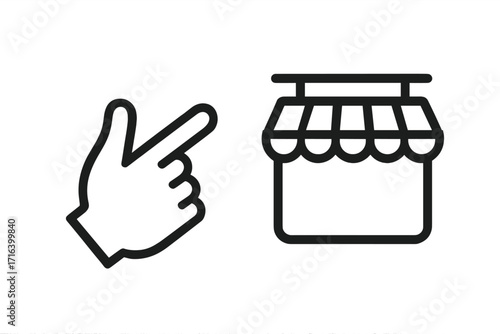 Hand pointer finger clicking shop icon. Online shopping, e-commerce concept. Click and buy symbol. Local business, marketplace storefront. Vector for web, retail, sale.