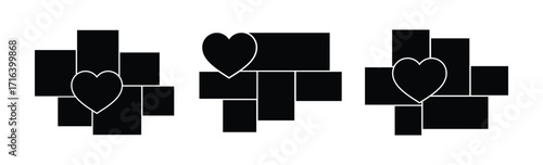 Set of rectangle and love collage for photo wall mood board template. Heart shape collage photo grid template.