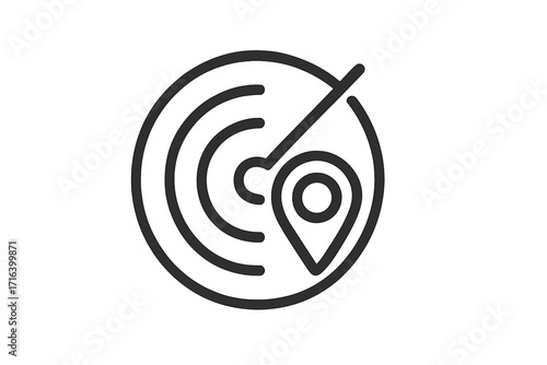 Radar icon with location pin. Vector line art illustration for navigation, GPS, and tracking. Concept for searching, finding a destination, and target detection on a map.