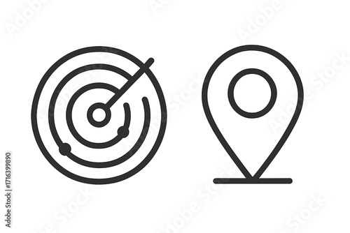 Radar and location pin icon set. Navigation and tracking symbols. Vector line art for GPS, map, and destination concepts. Sonar search, find position, and direction marker.