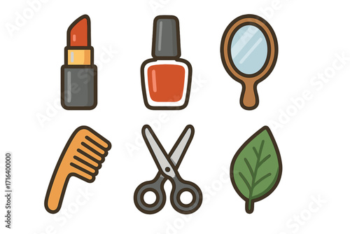 Beauty and grooming icon set. Vector collection for cosmetic and self-care symbols. Lipstick, nail polish, mirror, comb, scissors and leaf for natural products concept.