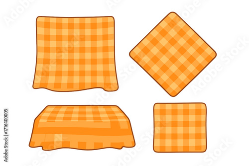Orange checkered picnic tablecloth set. Vector gingham pattern fabric collection for summer and food decoration. Cartoon illustration of table cloths and napkins isolated.